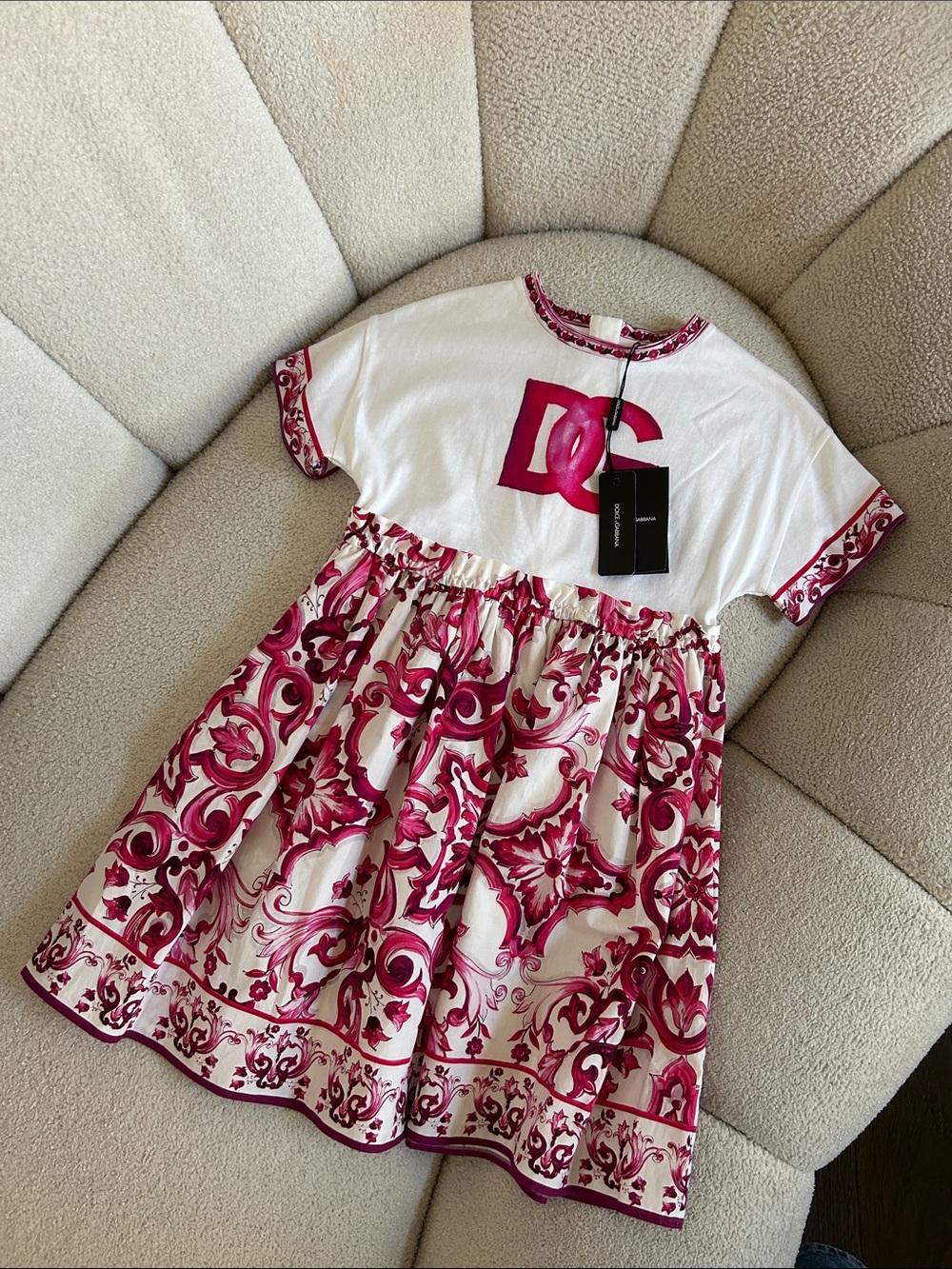 Dolce & Gabbana White and Fuchsia Baroque Logo Girls Dress